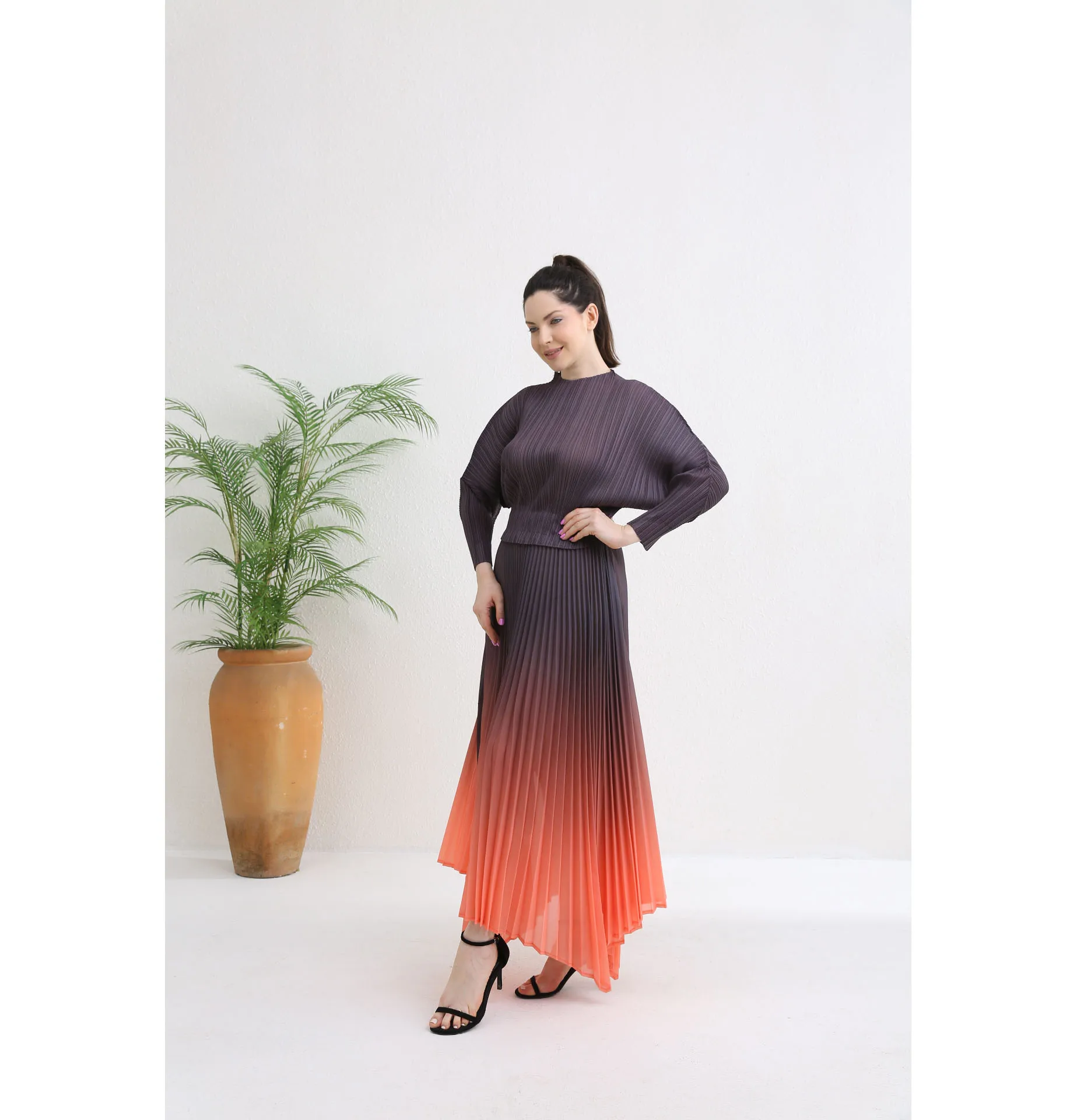 Miyake Pleated Belts for Women Gradient Color Yellow and Pink Long Sleeve Soft Round Neck Casual Dresses Plus Maxi Abaya Traf