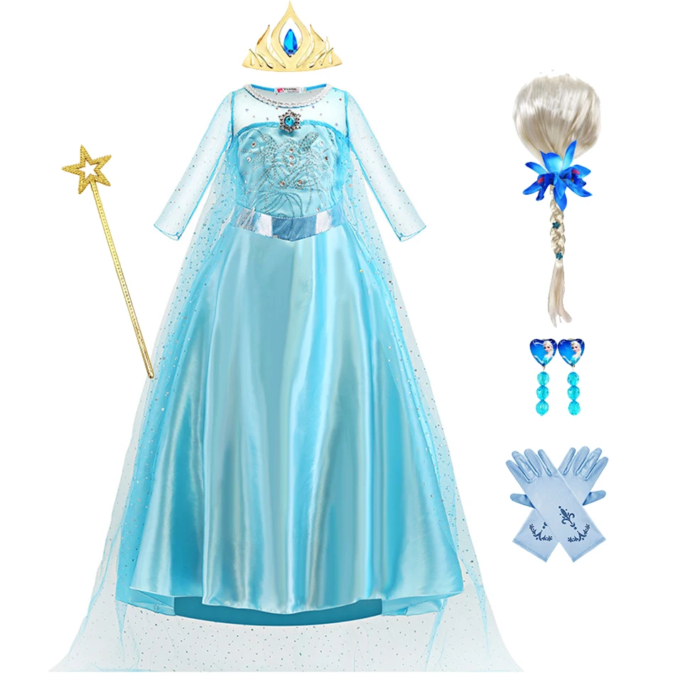 Girls Snow Princess Dress Sheer Mesh Sleeve Sequin Satin Gown with Sparkle Cape Kids Halloween Birthday Party Cosplay Costume