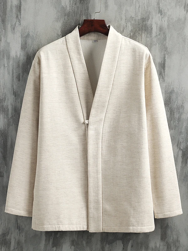 Chinese Style Fleece-Lined Thickened Improved Hanfu Men's New Wear Retro Cotton Linen Coat Robe Zen-Tea Dress