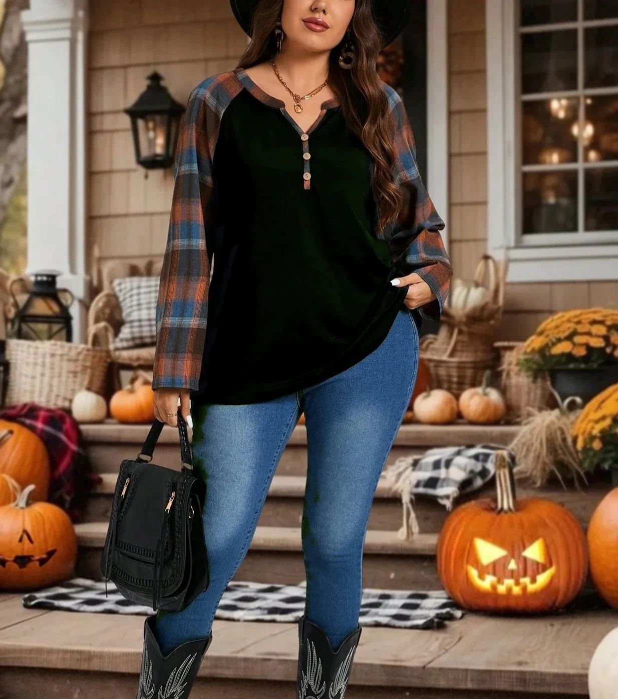 

Spring And Autumn Plaid Splicing Long Sleeve Fashion Casual Top Commute Christmas Halloween