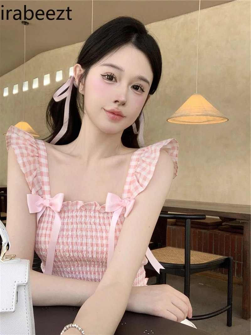 Summer Sweet Bow Girl Pink Plaid Lotus Short Sleeve Vest Stretch Slim Top Slim Fit Blusa Feminina Plaid Casual Blouse Women
