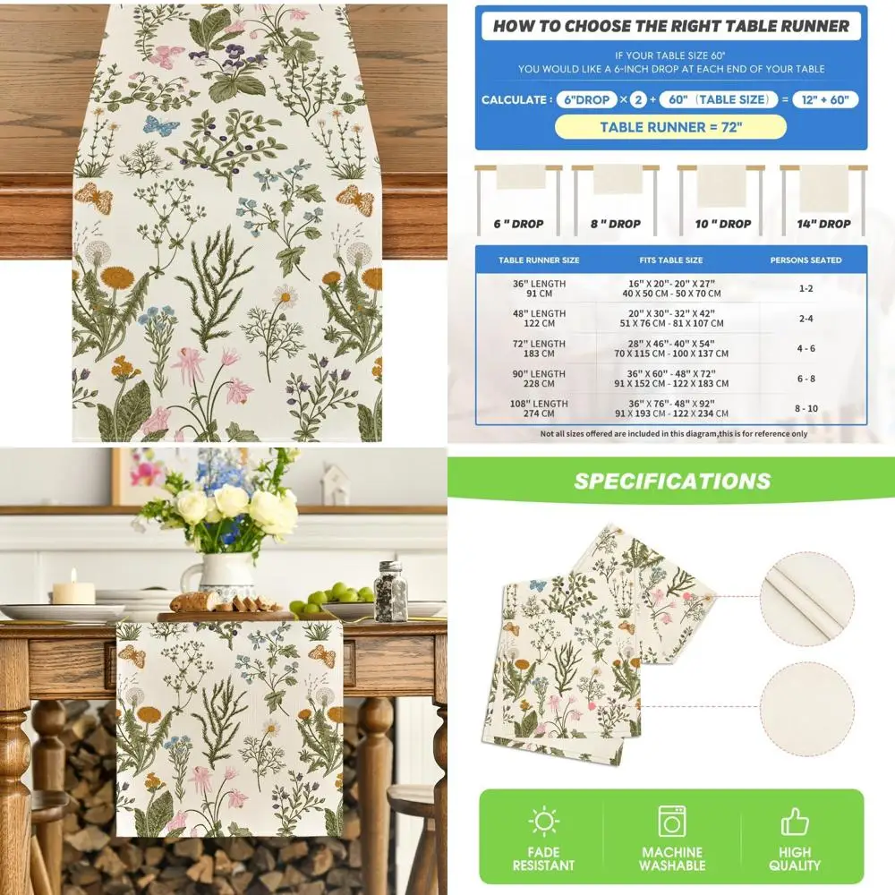 

Весенняя дорожка для стола с полевыми цветами, сезонная летняя бабочка, украшение для кухонного обеденного стола для домашней вечеринки, 13x72 дюйма