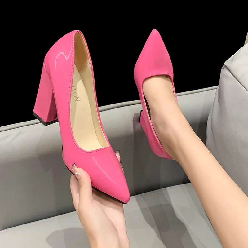 Aphixta New Barby Pink Pumps Women Shoes 10cm Square Heels Patent Leather Multicolor Party Leisure Super Big Szie 31-50