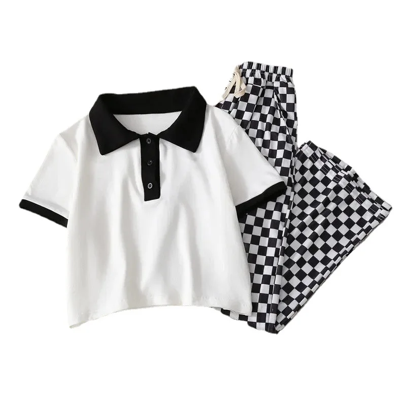 2024 summer Kids Children set Girls Clothes short polo T-Shirt + checked wide leg Pants Teenager tracksuit 5 6 8 10 11 12 year