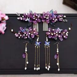 Chinese Glazed Flower Hairpin Purple Floral Hair Comb Fairy Tassel Tiaras Vintage Wedding Accessories Classic Hanfu Hair Jewelry
