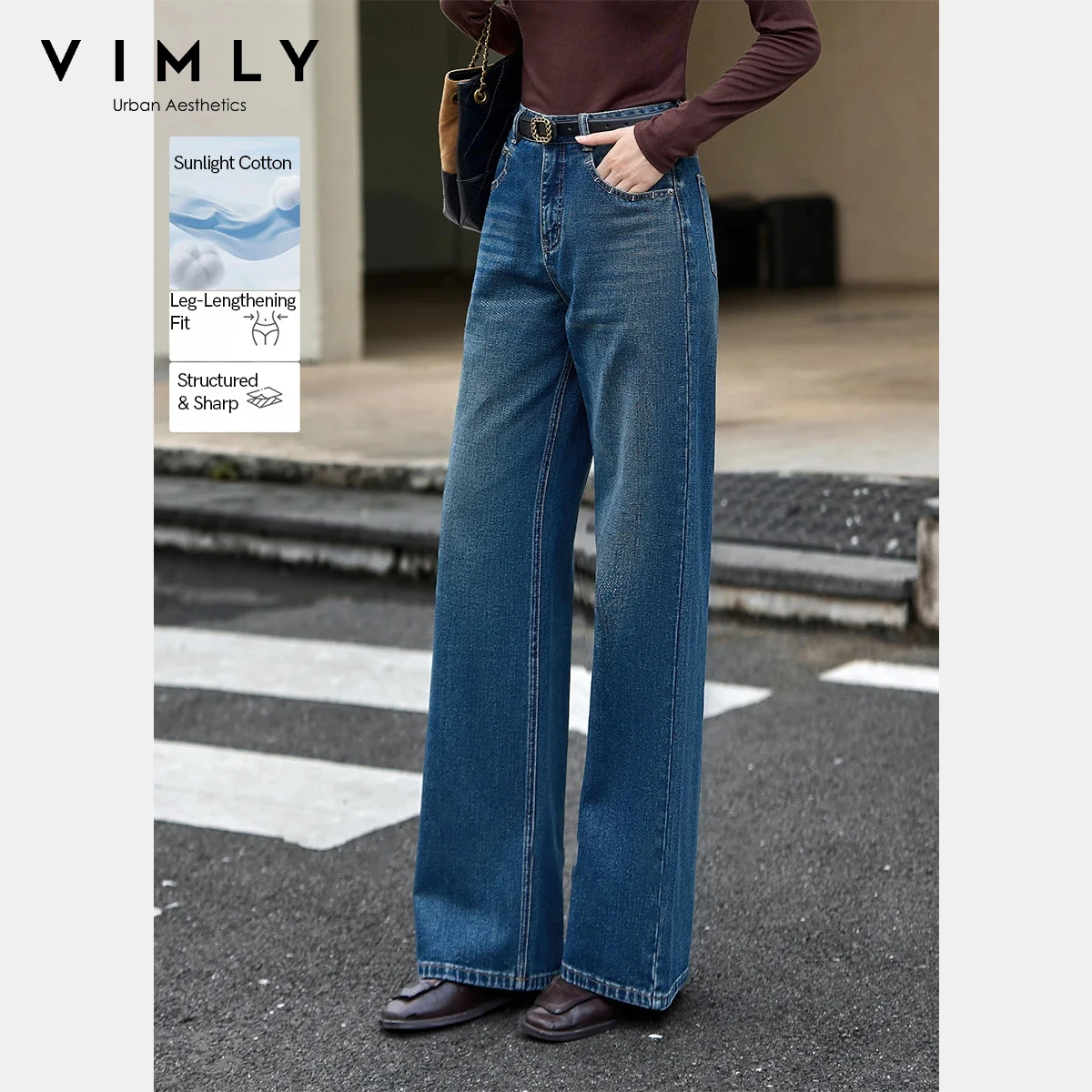 Vimly Women's Straight Jeans 2025 Autumn Vintage Wide Leg Loose Baggy Denim Pants Office Lady Casual Fashion Bottoms 75251