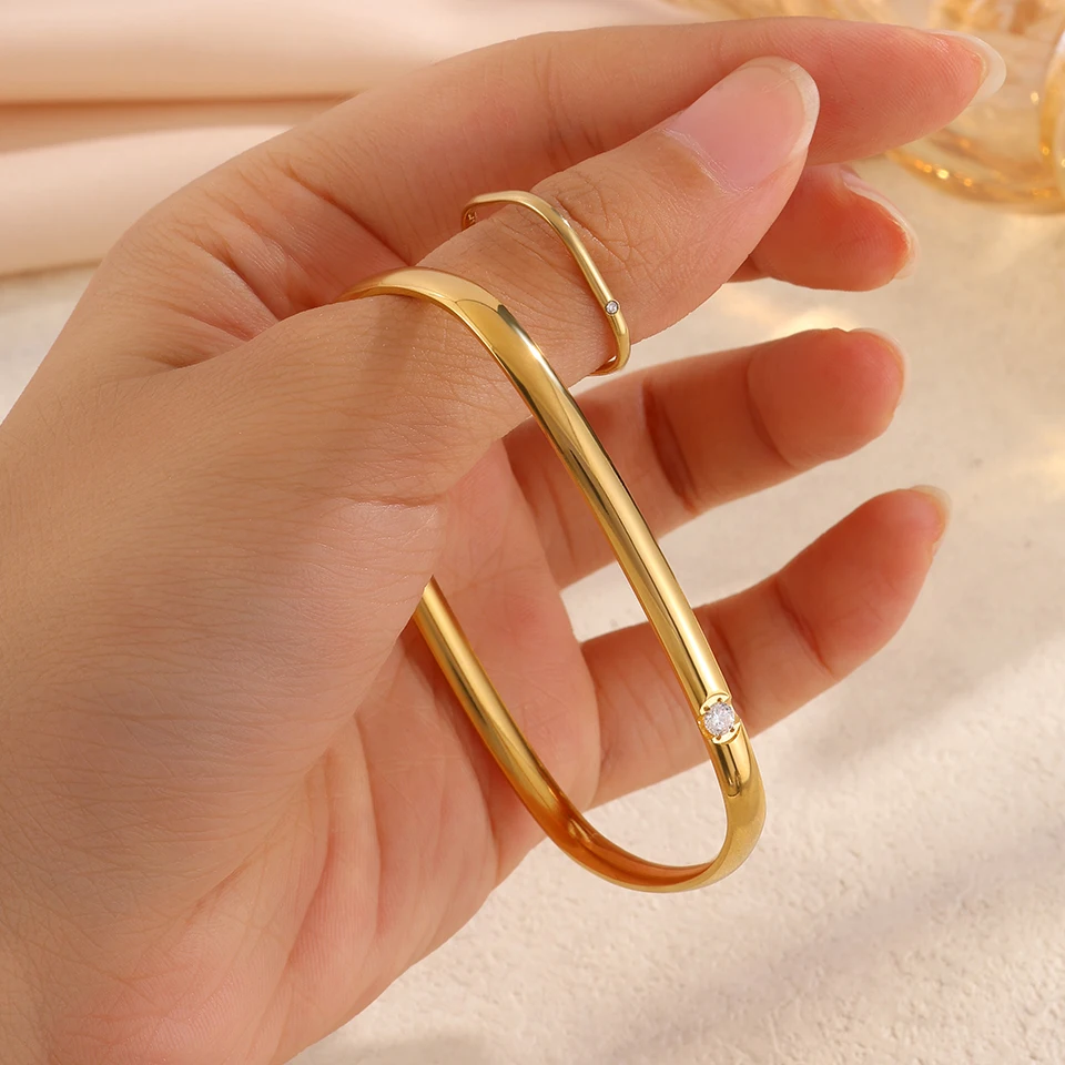 Yupsk Geometric Square Hollow Out Stainless Steel Closed Bracelet Ring for Women Gold Color Fashion Party Jewelry Accessories