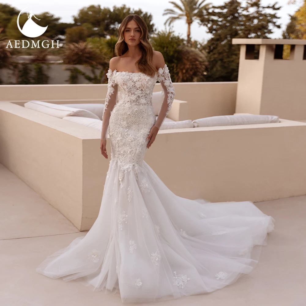 

Aedmgh Русалка Свадебные платья с вырезом лодочкой и открытыми плечами Vestido De Novia Кружева из бисера 3D цветы Сексуальное свадебное платье на заказ