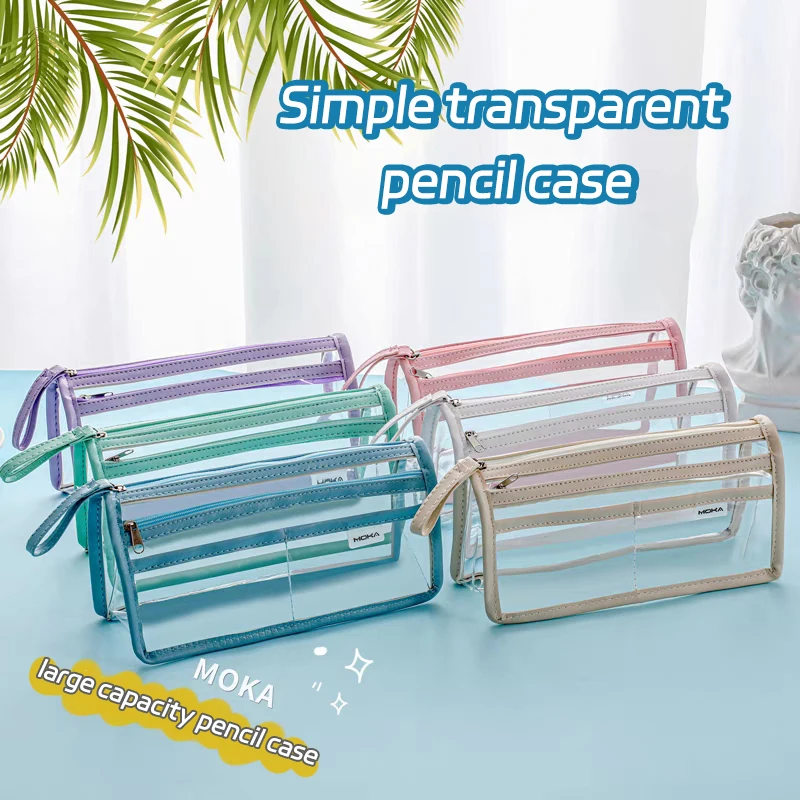 Simple Transparent Pencil Case PVC Student Storage Box Cosmetic Bag Large Capacity Waterproof Macaron School Supplies Stationery