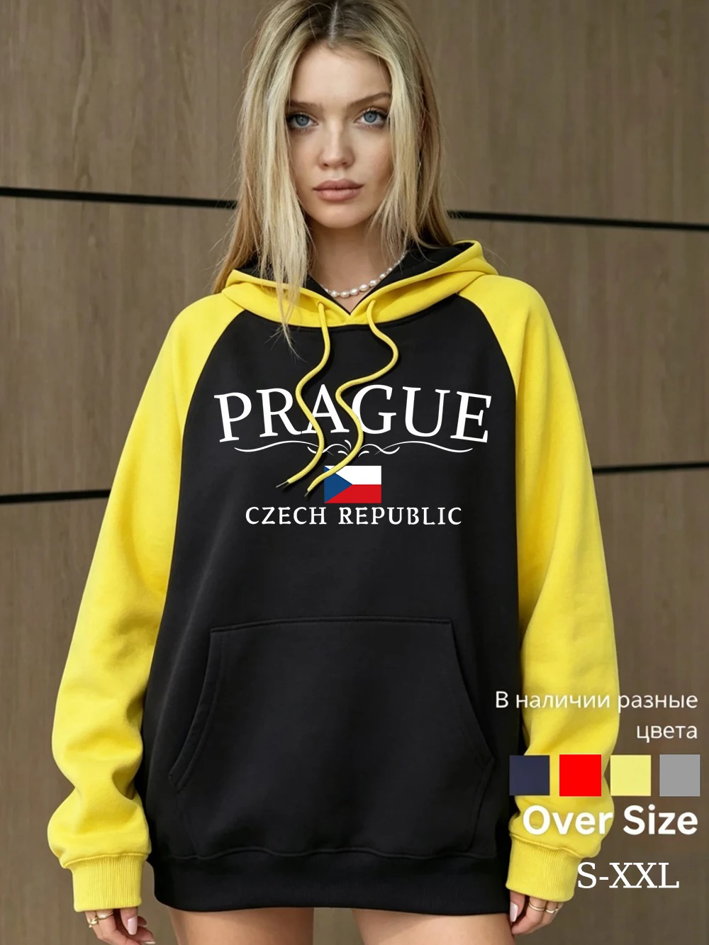 Prague Czech Republic Print Raglan Hoodies Women Basics Pocket Sweatshirts Winter Loose Pullover Casual Fleece Warm Jogging Tops