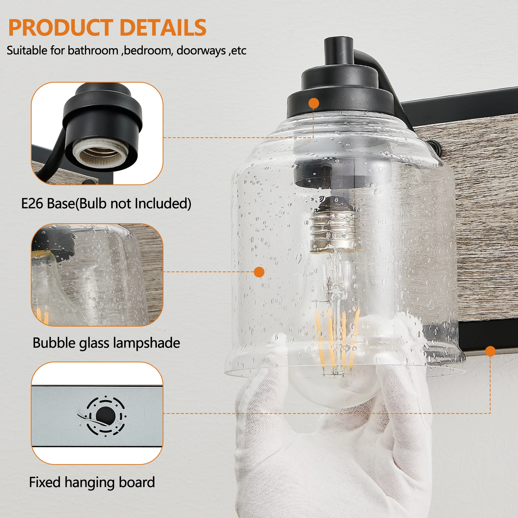 Modern 5-Light Vanity Light Bracket Light Wall Source Black Finish with Clear Seeded Glass Shade for Bathroom Powder Room Mirror