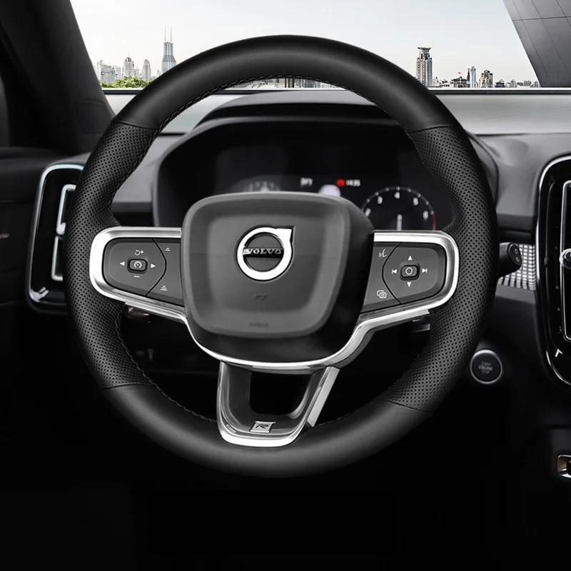 Diy Hand Sewing Car Steering Wheel Cover for Volvo XC40 Genuine Leather Punching Protector Interior Car Accessories Black