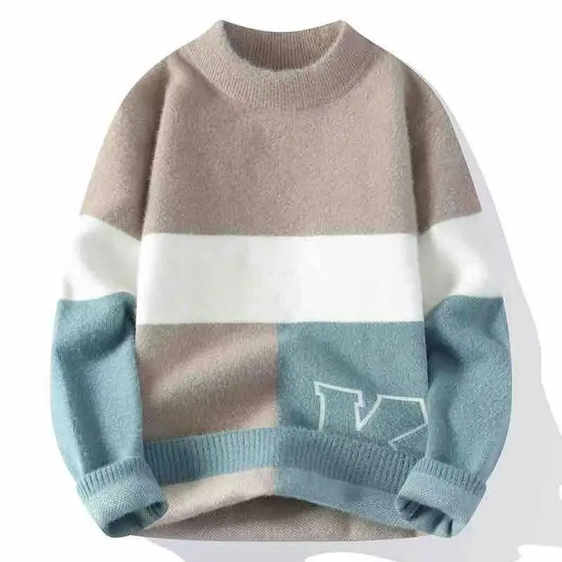 Otoño Invierno nuevo suéter de piel de visón hombres cuello simulado contraste Color moda Casual grueso cálido jerseys manga larga Tops de punto