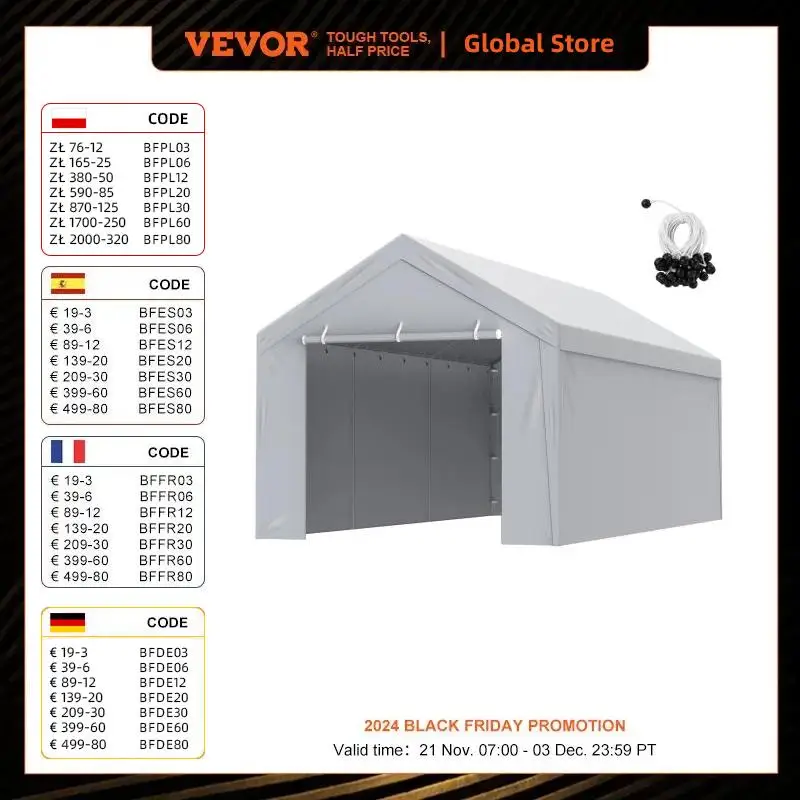 VEVOR Carport Replacement Canopy Cover Top Side Wall 10x20 ft Garage Tent Shelter Tarp with Ball Bungees Frame Not Included