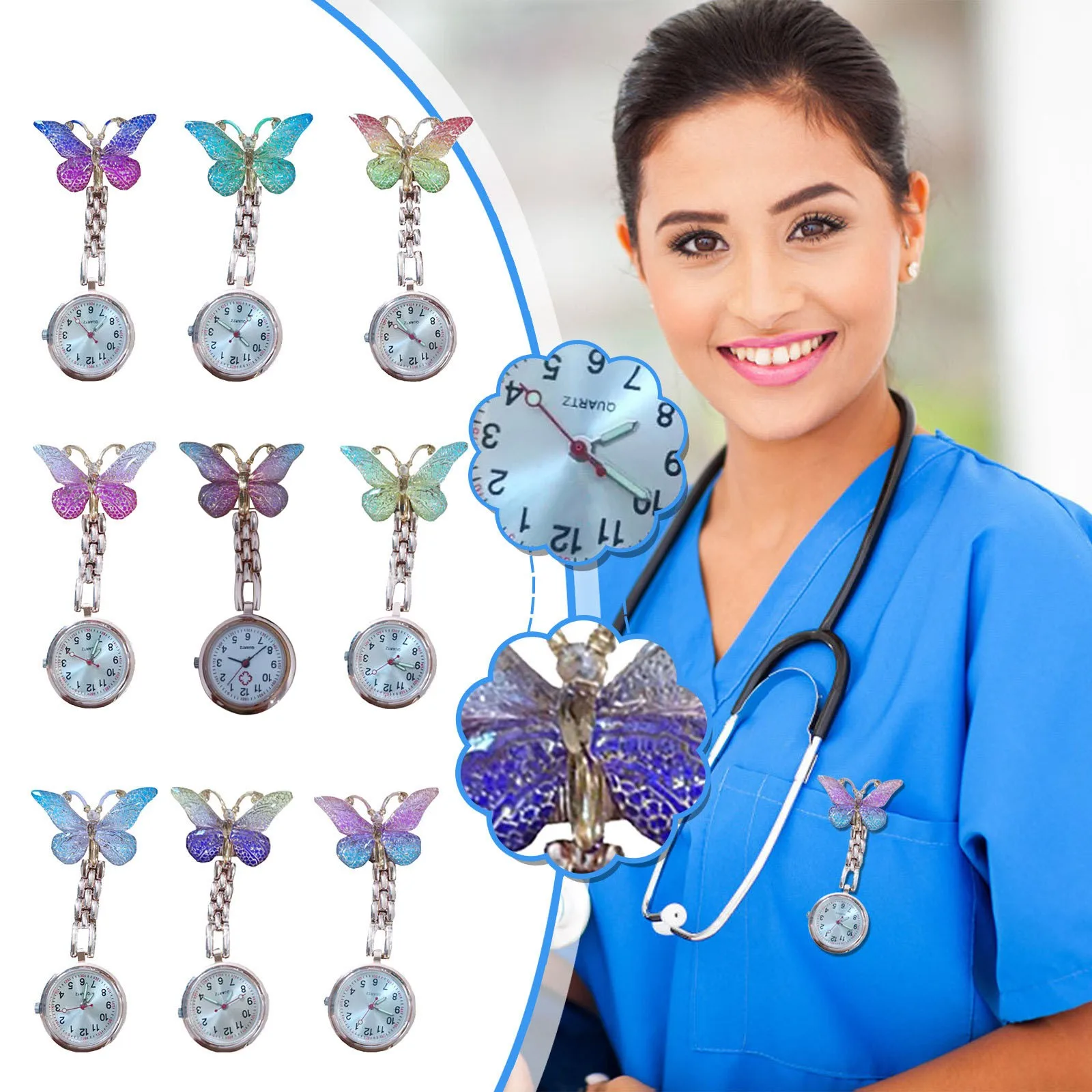 Butterfly Nurse Pocket Watch, Quartz Watch, Pendurado Relógio, Nurse Accessories, Fashion Watches for Graduation Gift