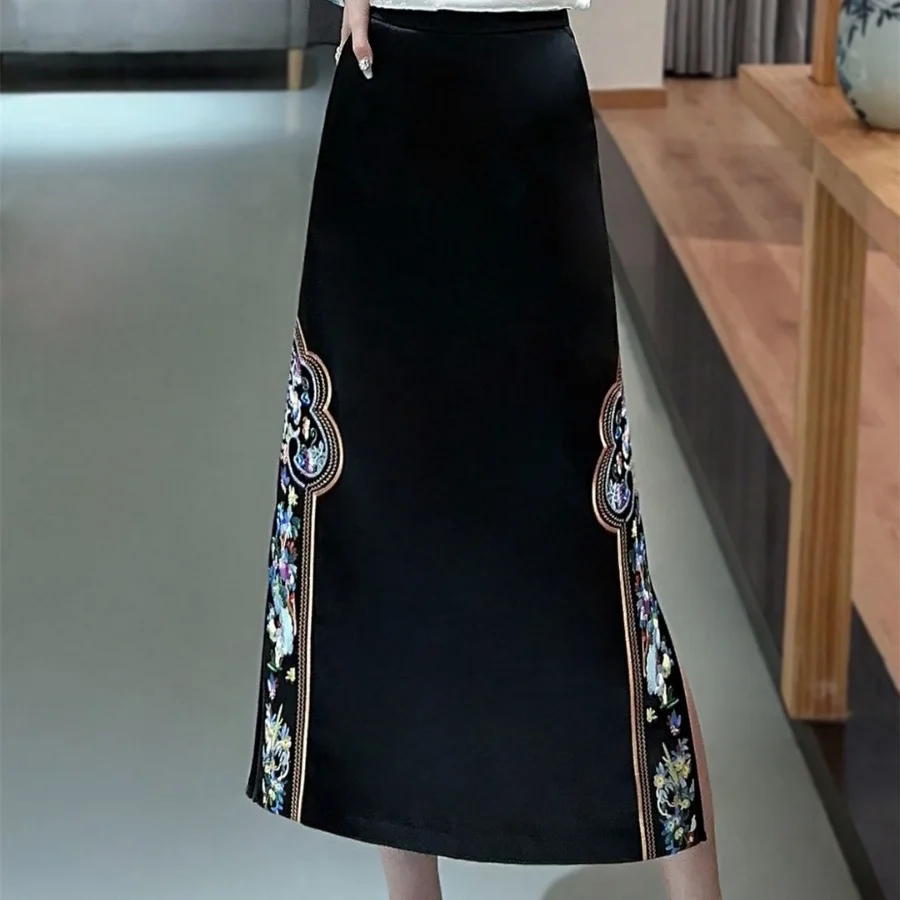 High-Quality Autumn Winter Acetate Skirt Vintage Chinese Style Elegant Woman Embroidery Split A-line Mid Length Skirt S-XXL