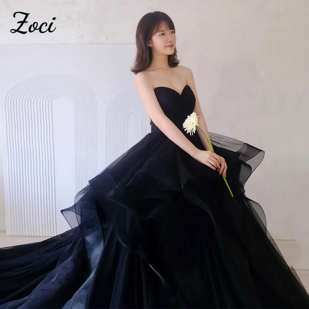 Zoci fada tule querida preto coreia vestidos de casamento personalizado em camadas sem mangas recepção de casamento fotos sessão vestido de festa
