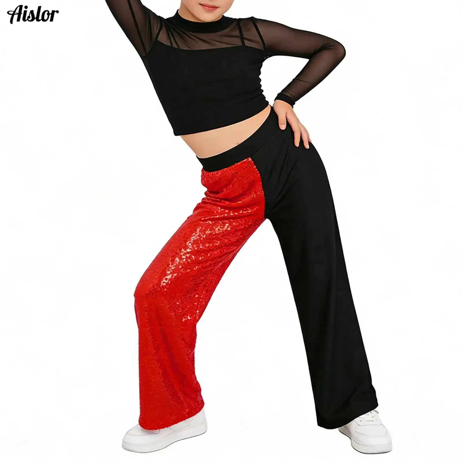 

Children's Ballroom Dance Figure Skating Performance Clothes Kid Girls Sparkling Sequins Patchwork Pants Loose Wide Leg Trousers