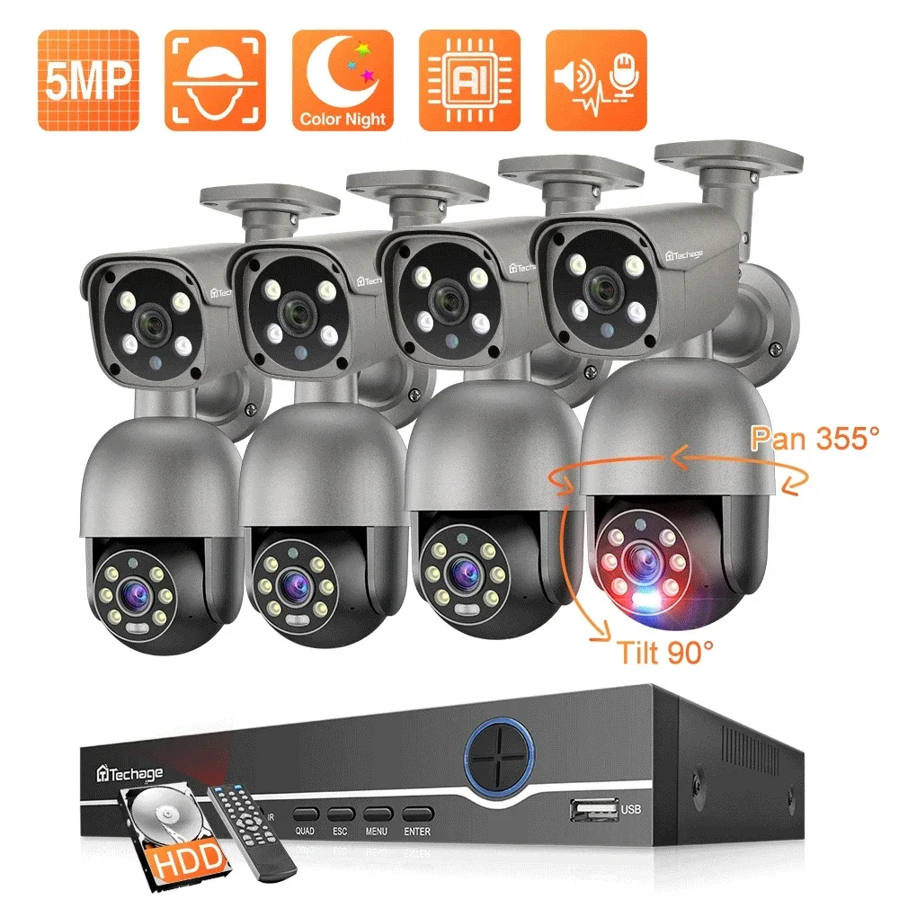 

Techage 8CH 5MP Security Camera System Night Vision Human Detection POE PTZ Camera Outdoor Security Surveillance Cam Kit P2P