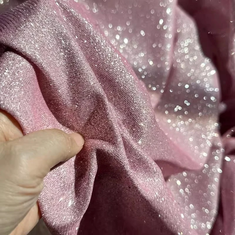 Tessuto di design per abiti da sposa da palcoscenico per cucire in tessuto lavorato a maglia con cielo stellato in polvere d'argento scintillante rosa