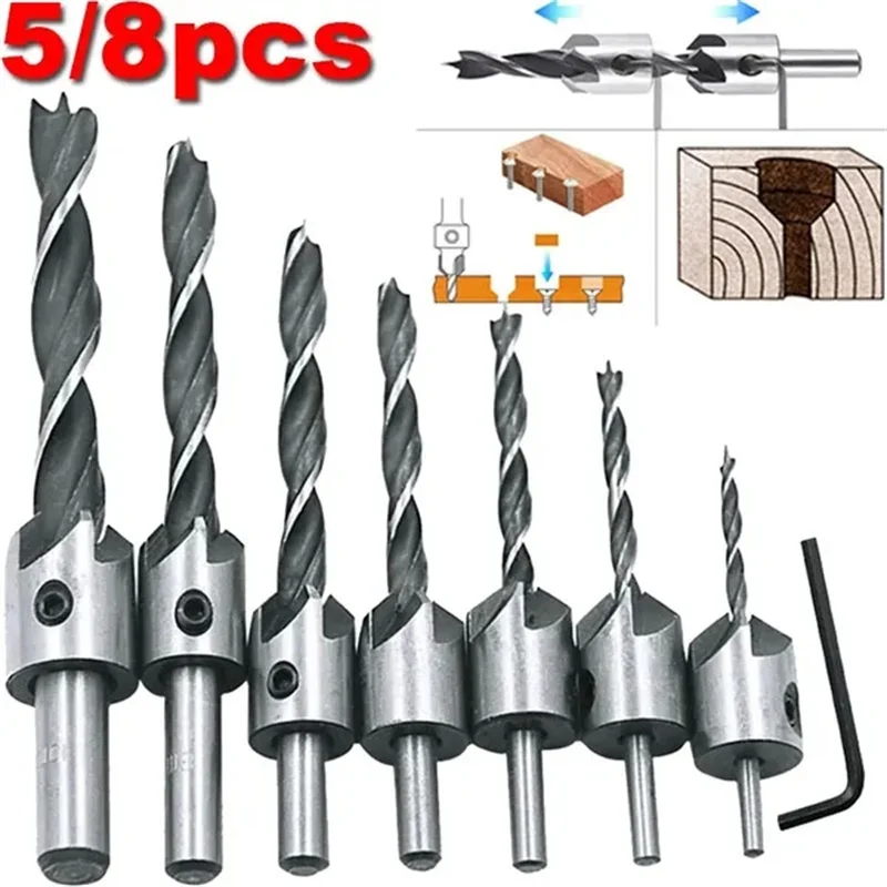 

5/8PCS Flute Countersink Drill Bit Set 3-10mm HSS Hole Drill Woodworking Chamfer Bit Set Woodworking Reaming Drill Guide Drill