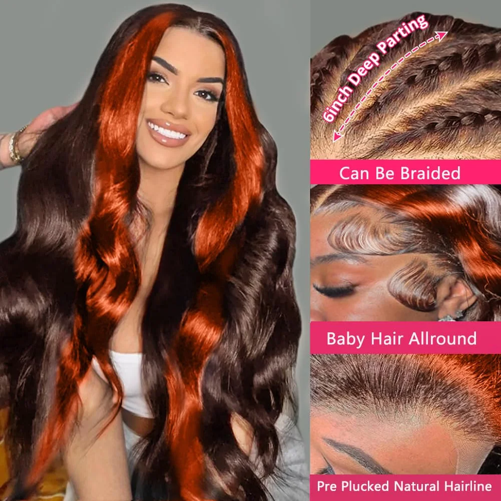 Orange Ginger Highlight 30 34 Inch Body Wave 13x4 HD Lace Front Human Hair Wigs 200% Brazilian 13x6 Lace Frontal Wigs For Women