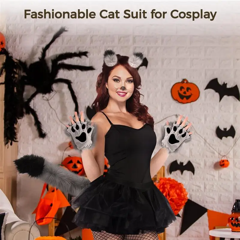 Cat Cosplay Kit Cat Paws Ears Tail Set Plush Fabric Cat Girl Costume Suit Halloween Christmas Fancy Party Costume Accessories