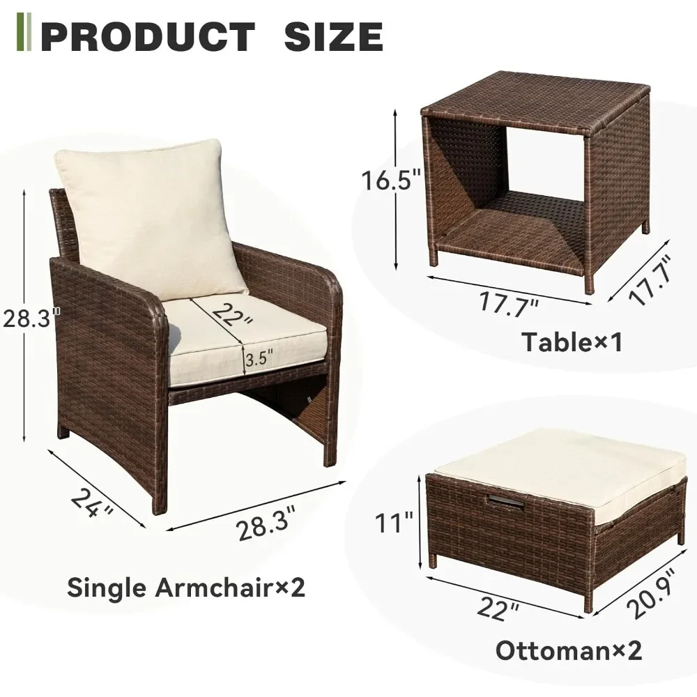 5 Pieces Wicker Patio Furniture Set, Rattan Patio Conversations Sets, Patio Bistro Set with Ottoman and Table (Brown)