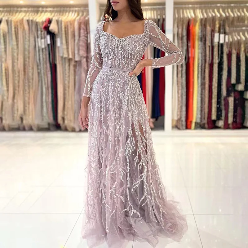 

Luxury Beads Evening Dresses for Women Tulle Floor-Length Mermaid Side Slit Prom Party Gala Special Events Elegant Maxi 2023 New