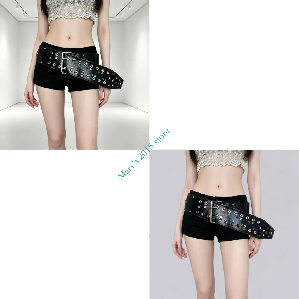 

Fashion Punk Belt With Metal Star Studs And Sparkling Unisex 4CM Wide Stretch Resistant Black Waistband