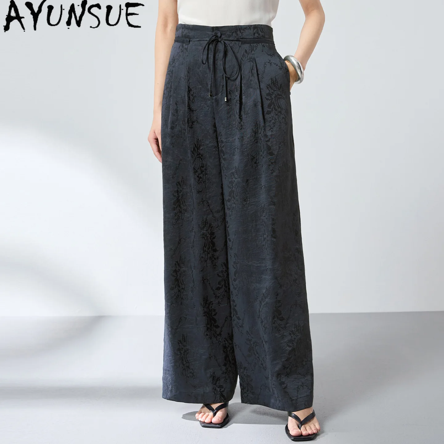 AYUNSUE Silk and Linen Blended Women Pants High Waisted Jacquard Trousers Women Autumn Drawstring Wide Leg Pants 2026 Pantalones