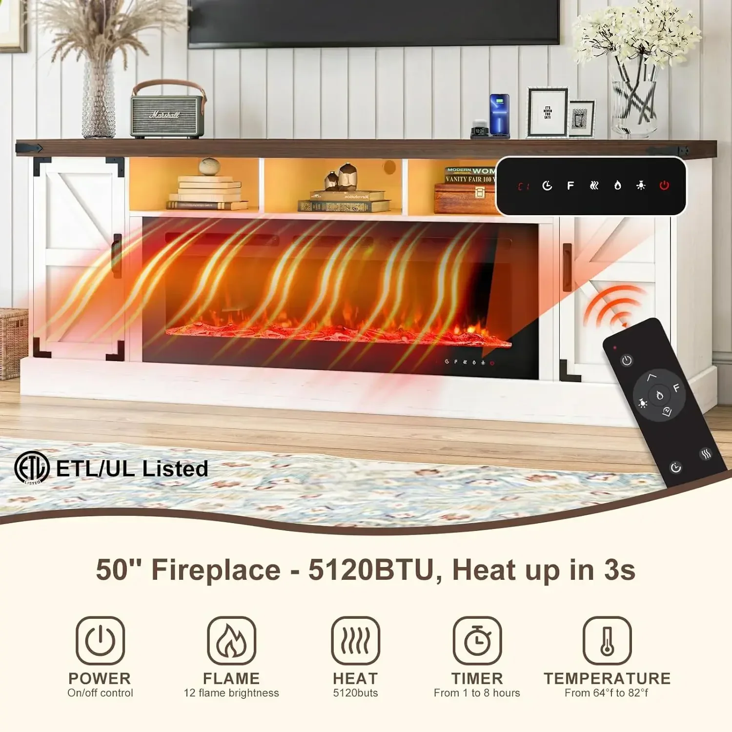 ¡Precio con descuento! Soporte de TV con Chimenea Eléctrica de 77 Pulgadas para Televisores de 85 Pulgadas, Chimenea Eléctrica de 50 Pulgadas, Tomacorriente, Centro de Entretenimiento LED Estilo Rústico