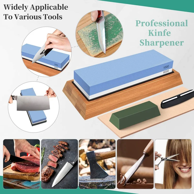 Hot Whetstone Knife Sharpener Stone Set,1000/6000 Grit Knife Sharpening With Leather Honing,Polishing Compound For Kitchen