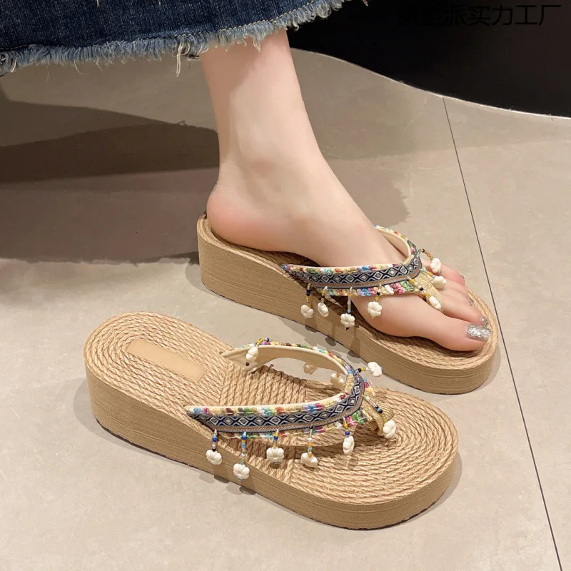 Custom Xishuangbanna Dai Ethnic Slippers Women 2025 Summer New Non-Slip Thick Sole Ethnic Style Flip-Flops Beach Sandals