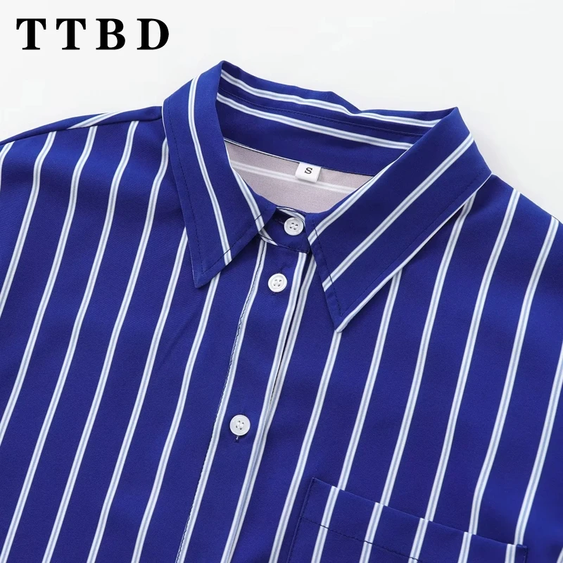 TTBD 2024 New Autumn Woman\'s Casual Single-breasted Long Sleeve Striped Shirt Coat Female Vintage Turn-down Collar Top Jacket