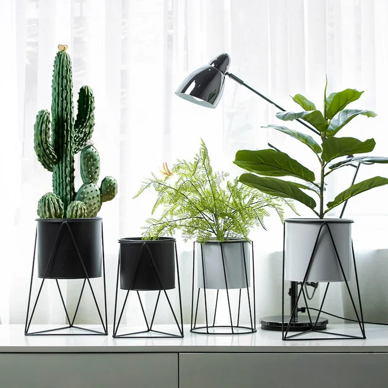 Modern Geometric Iron Plant Holder Sleek Black and White Hollow Pot Stands for Contemporary Indoor and Outdoor Botanical Display