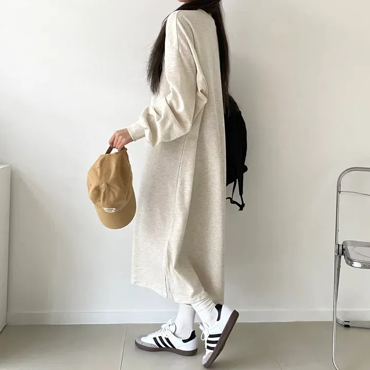 Japanisches Herbst-Winter-Frühlings-Langarm-Dünnes Kleid Damen Fleece-Oberteil Mittellanger Trendiger Rock Übergröße Lässiges Langes Kleid – Detail 6
