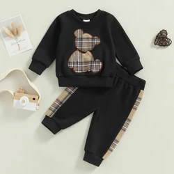 Baby Boys Girls Spring Outfit Fashionable Bear Print Long Sleeve Sweatshirt Black Elastic Trousers 2Pcs Clothes Set for Infant