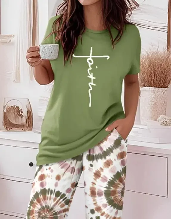 2 Pieces Outfit Women's Faith Letter Print Short Sleeve Top and Tie Dye Print Elastic Waist Pants Set Female Casual Pajamas Sets