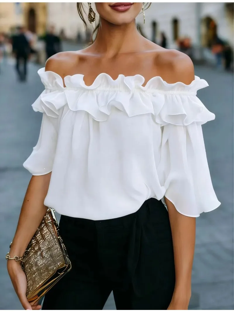 

Women Off Shoulder Ruffle Top Loose Fit Short Sleeve Blouse Casual Summer Shirt Trendy Fashion