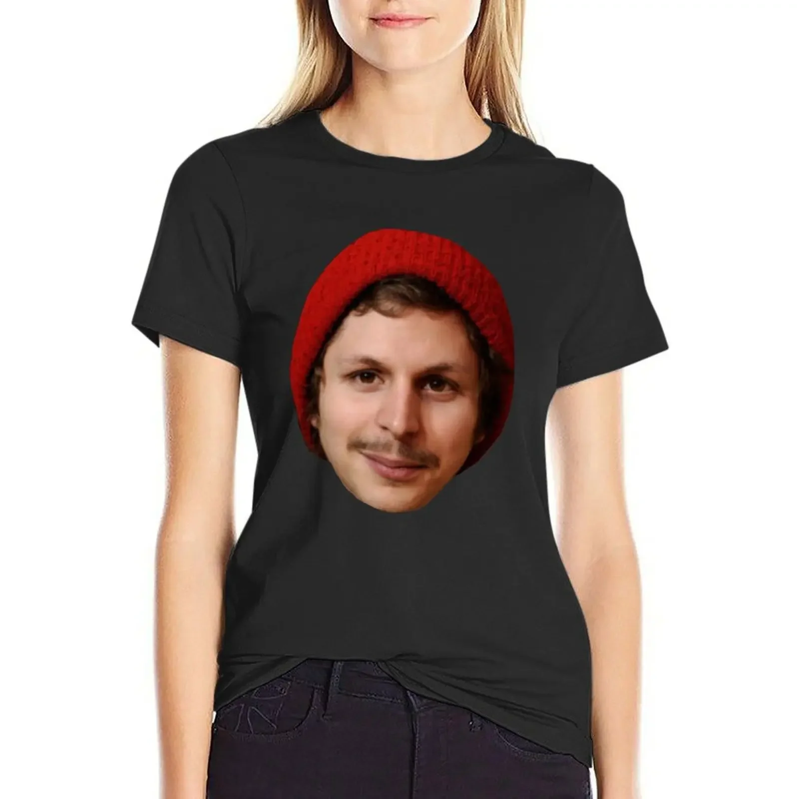 

Michael Cera's Face in a Beanie T-Shirt customizeds quick drying animal print shirt for girls Women's t-shirt