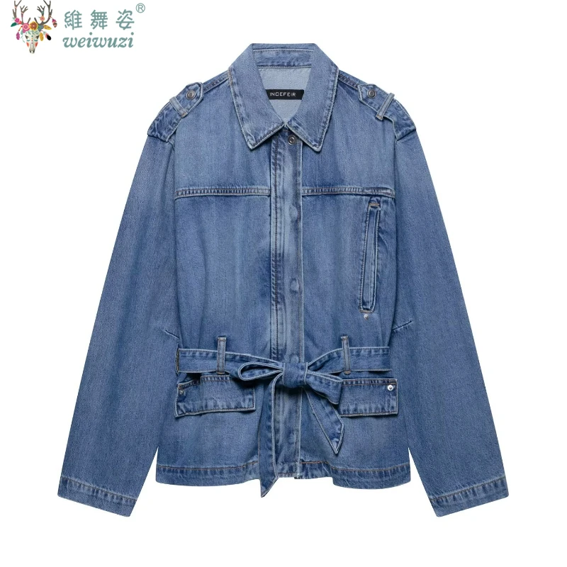 موضة المرأة الدنيم سترة فضفاضة معطف رعاة البقر مع حزام الخصر التلبيب مشبك الخريف الشتاء الدافئة ملابس خارجية غير رسمية ملابس للسيدات #5