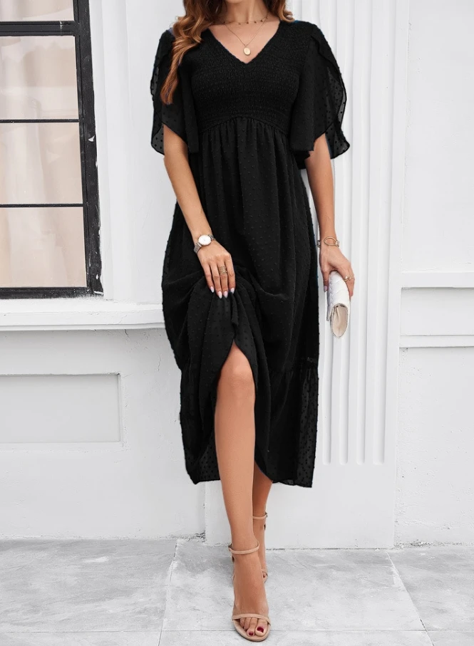 Elegant Women's Midi Dress 2024 Summer Casual Elegant Polka Dot Solid Color V-Neck Dress Sexy Elegant Women's A-Line Long Dress