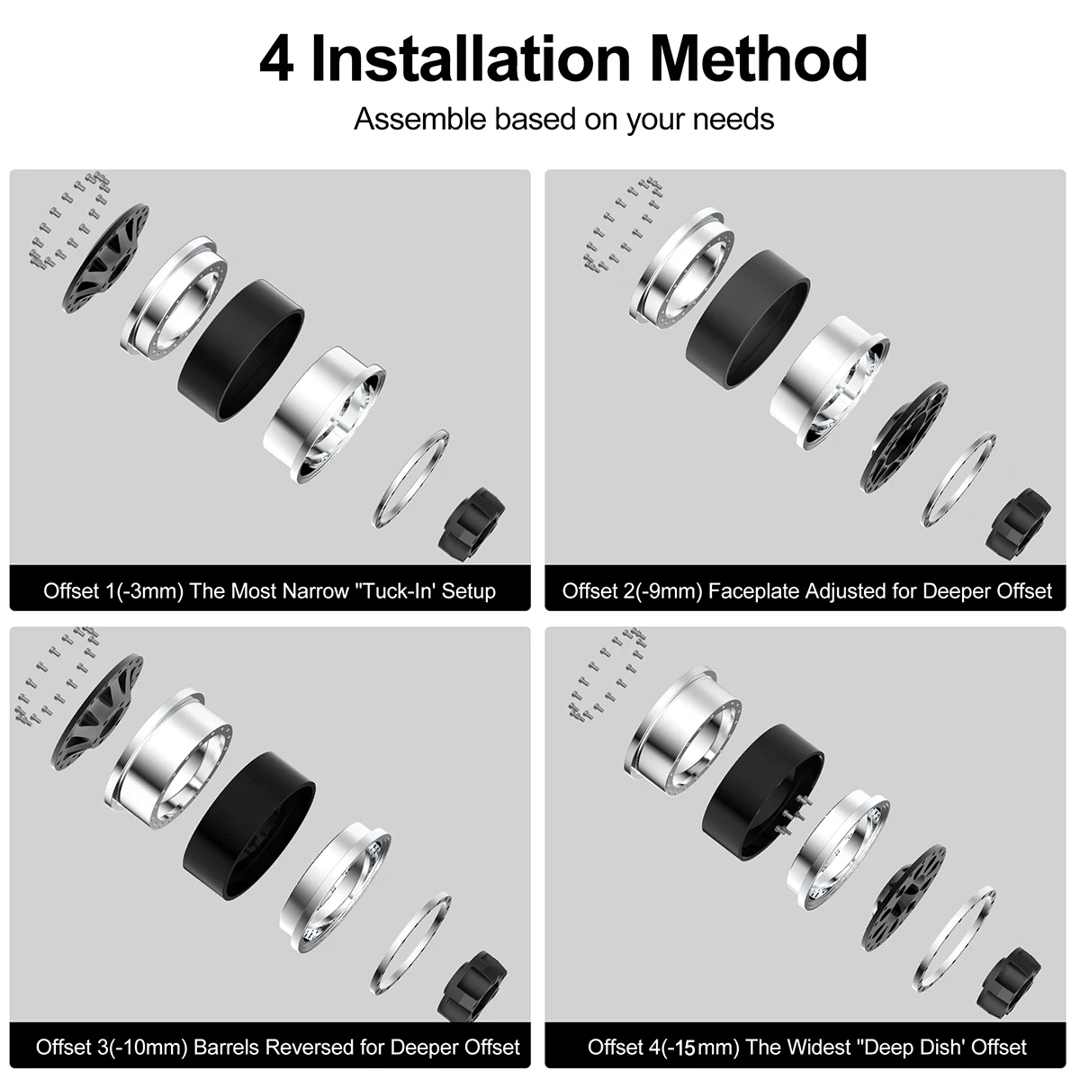 4PCS Aluminum Beadlock Wheels Rim Hub Adjustable  Offset 1.9 Inch for 1/10 RC Crawler Car TRX4 TRX6 SCX10 GEN7 8 D90