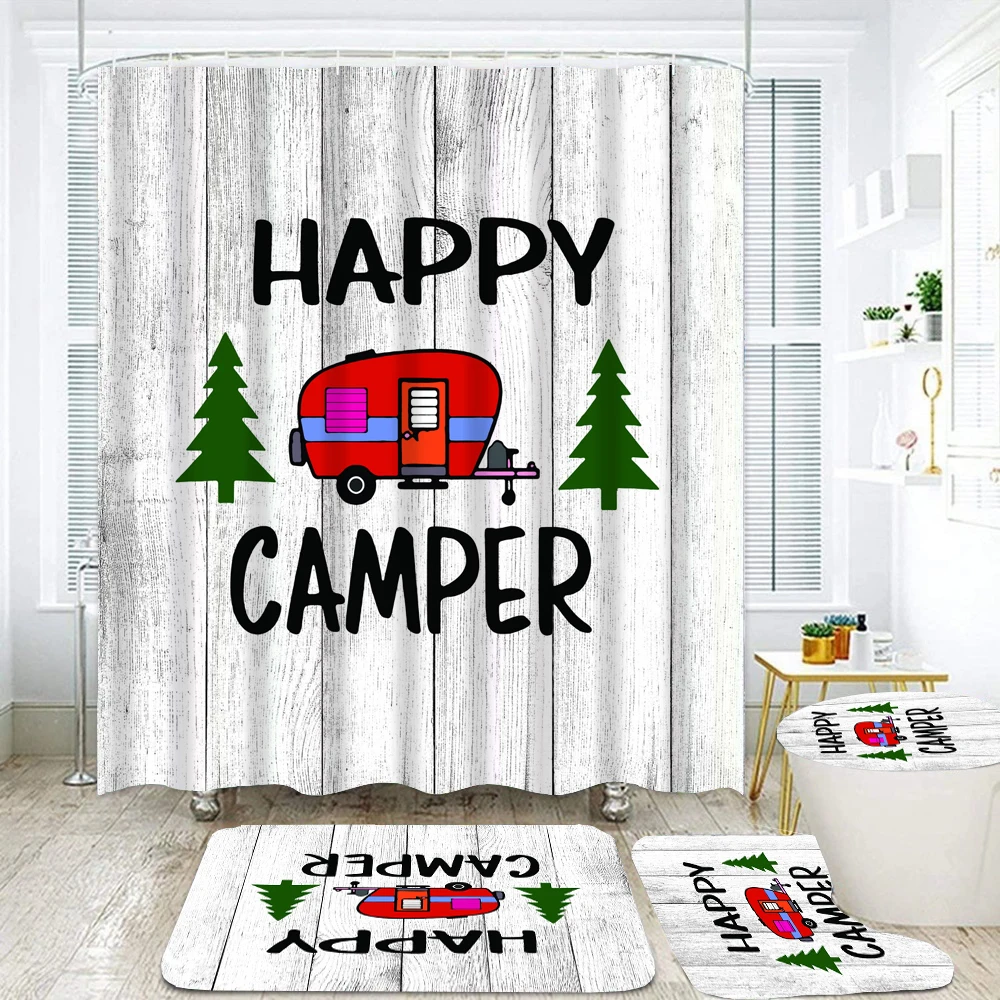 

3D Cartoon Happy Camper Printed Waterproof Fabric Bathroom Curtain Shower Curtains Set Anti-skid Rugs Toilet Lid Cover Bath Mat