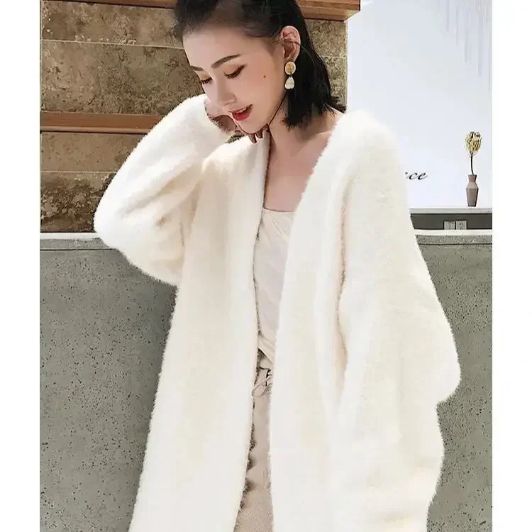 Women\'s Sweater Autumn and Winter Long Mink-like Wool Cardigan Loose Thick Mid-Length Idle Style Knitted Coat