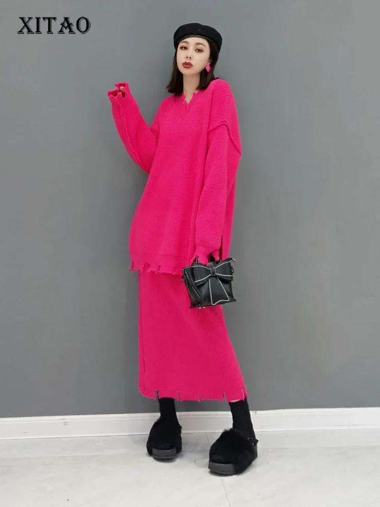 

XITAO Fashion Destroy Knitting Dress Sets Solid Color V-neck Pullover Sweater Skirt Two Piece Suit 2024 Spring Autumn GWJ2600