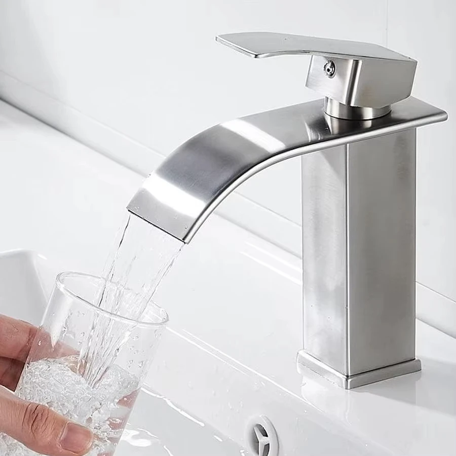 Bathroom Faucet, Waterfall Design, Single Handle Operation, with Pop-Up Drain for Easy Use