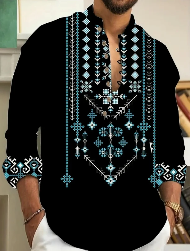 New Men's Henry Collar Linen Long Sleeve Casual Shirt Ethnic Print High Quality Top Fits Everyday2026