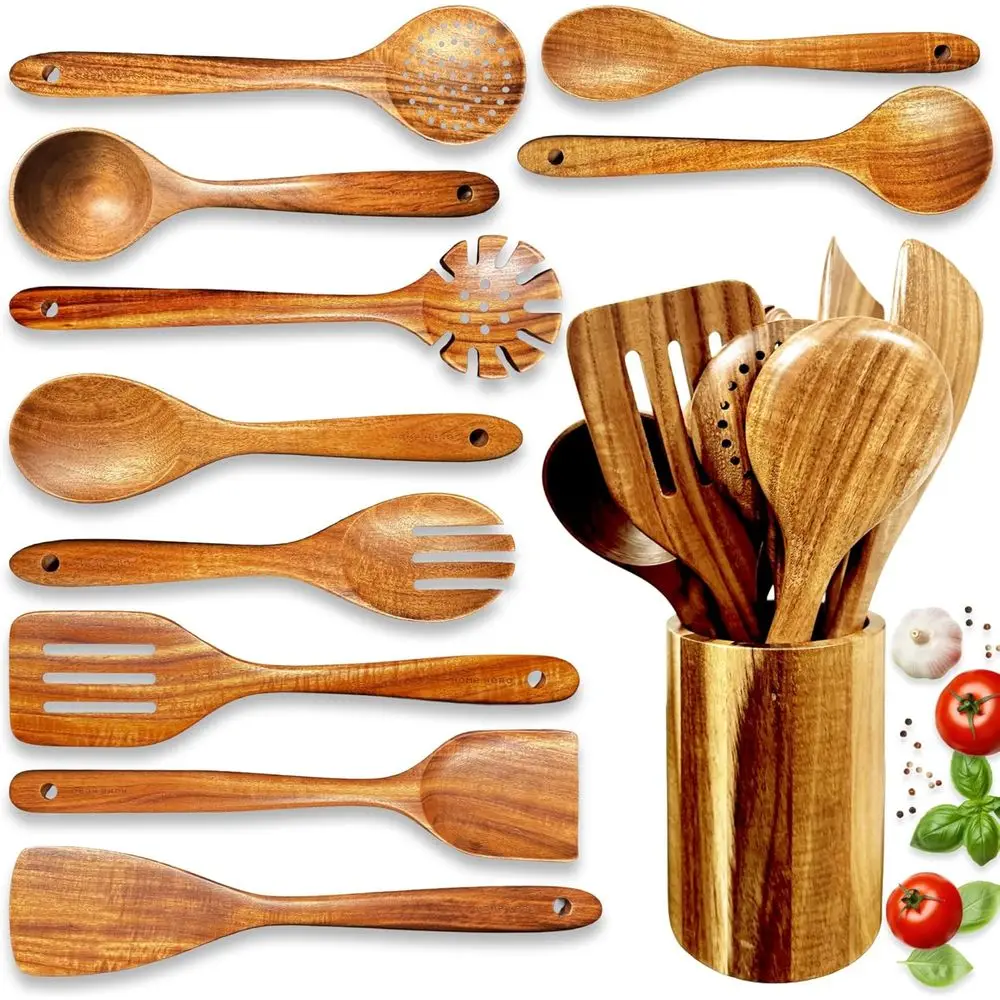 

11 Pcs Natural Teak Wooden Kitchen Utensils Set with Sturdy, Easy-to-Clean Wooden Spoons or Cooking – Non-Scratch Cooking Utensi